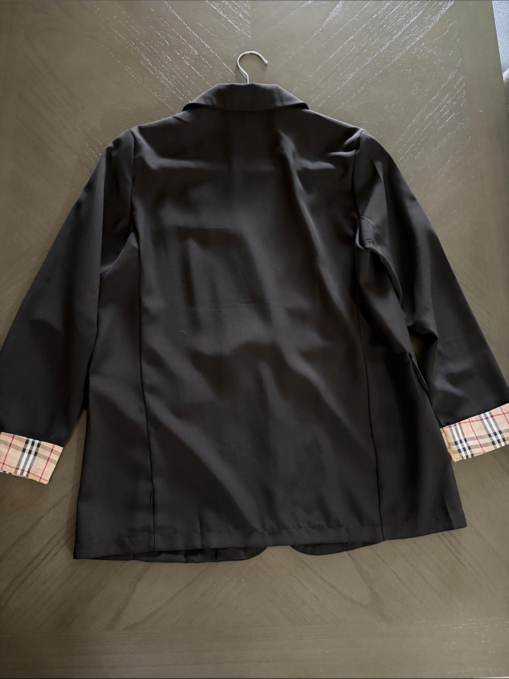 Black Double-Breasted Blazer with Plaid Cuff Trim - Picture 10 of 16